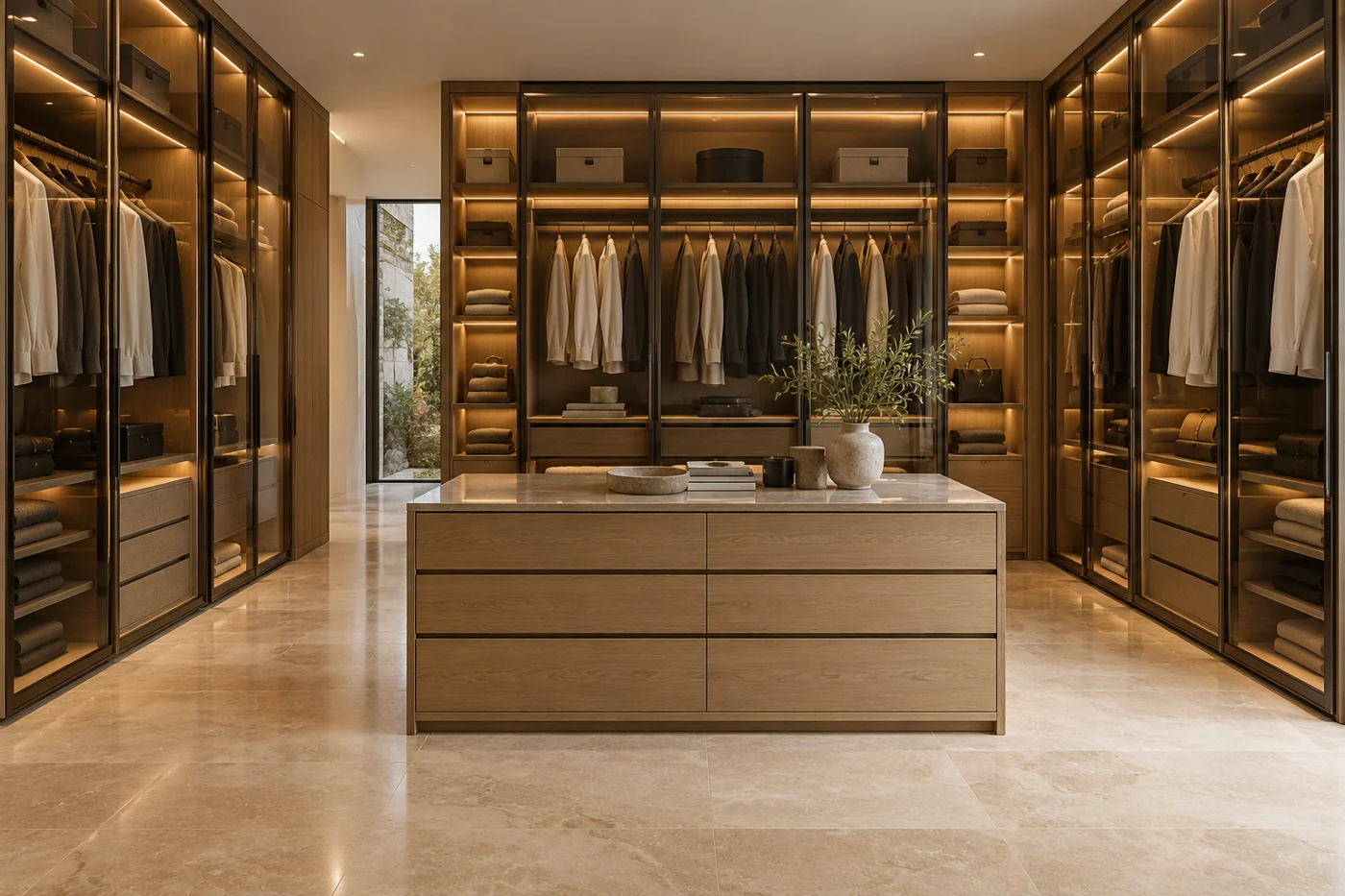 Closet planejado com portas de vidro e iluminação integrada