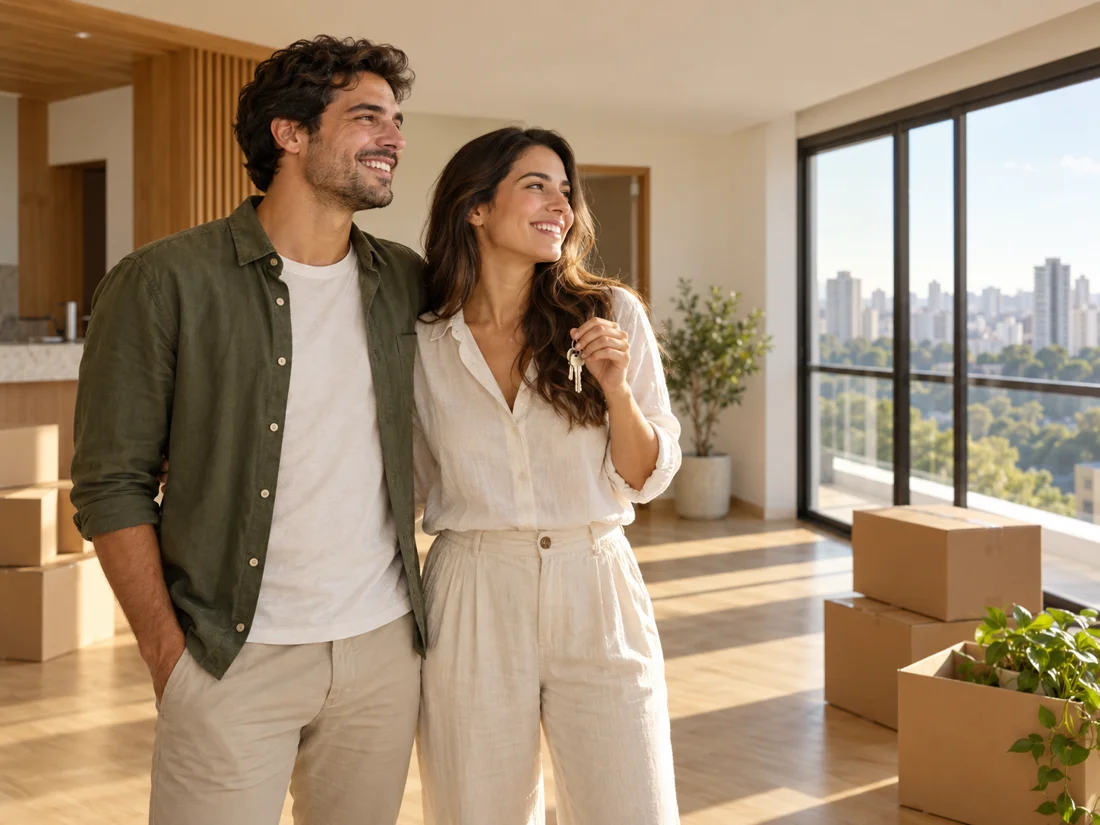 Casal com as chaves de um apartamento novo, imaginando seu primeiro lar