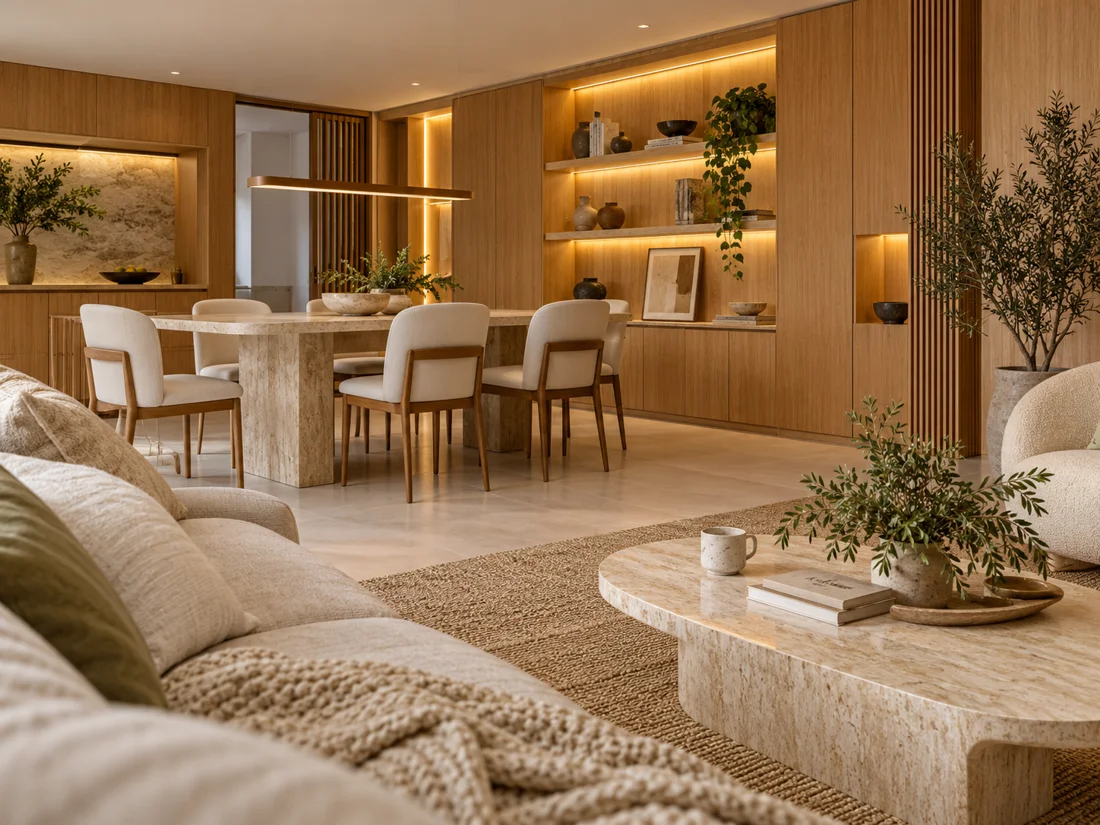 Sala renovada com marcenaria em madeira natural e ambientes integrados